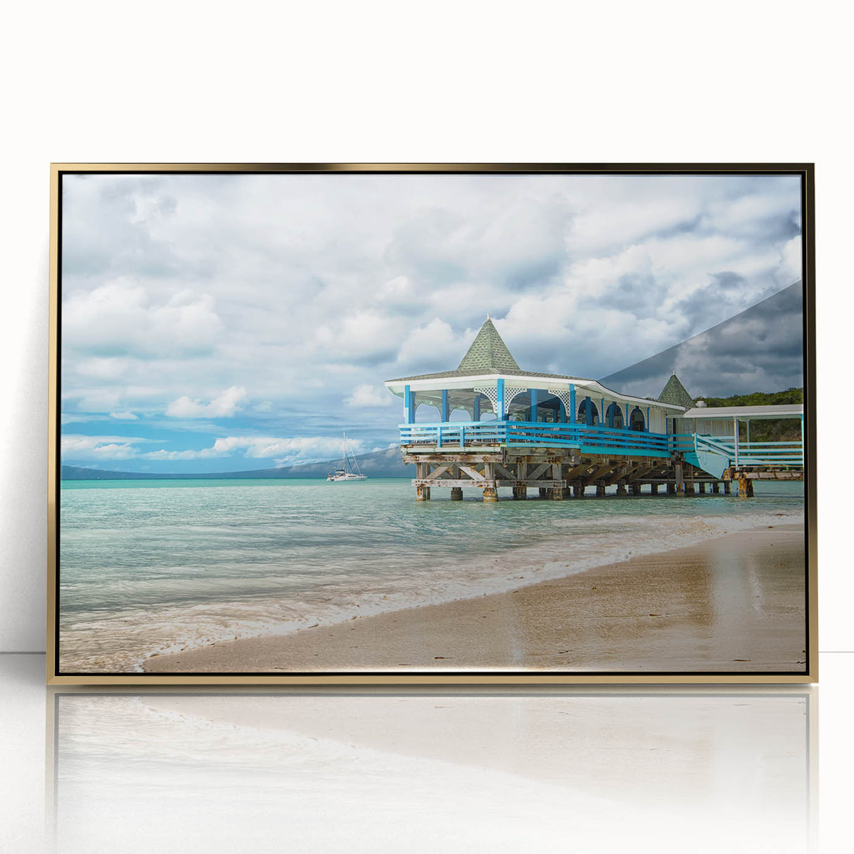 Acrylic print of Antigua scenery in art deco style with gold frame, suitable for modern nursery decor.