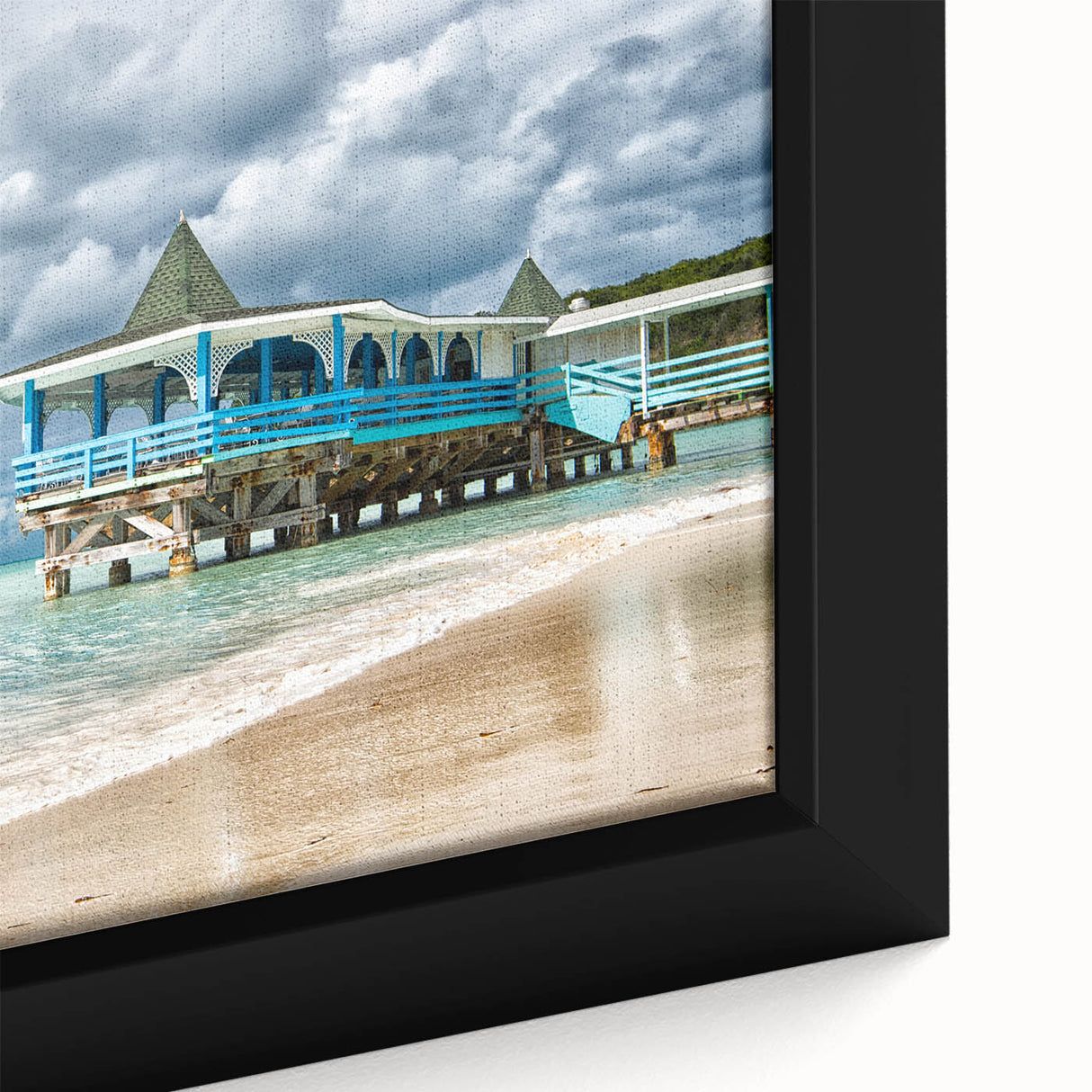 Black wall art depicting a Caribbean scene in vibrant colors on a textured, framed canvas, suitable for a large living room.