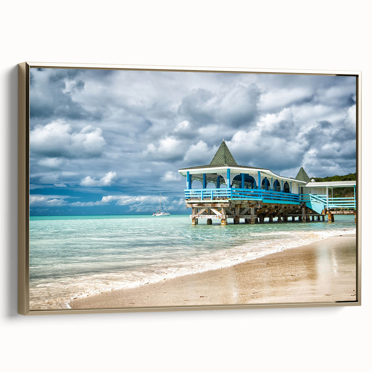 Framed canvas depicting a vintage-style Caribbean landscape, featuring muted gold and black tones.