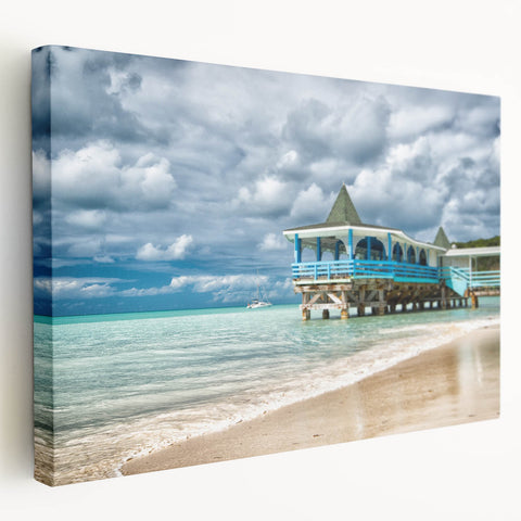 Caribbean beach scene on stretched canvas, featuring turquoise waters and white sands, ideal for kitchen wall art.