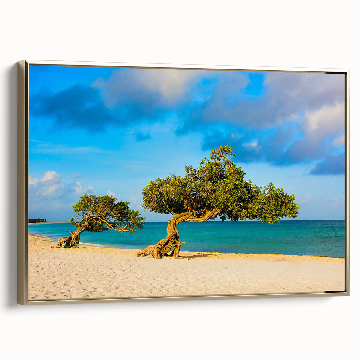 Framed canvas featuring a vintage-style landscape painting of a Caribbean scenery, ideal for bedroom wall decor.