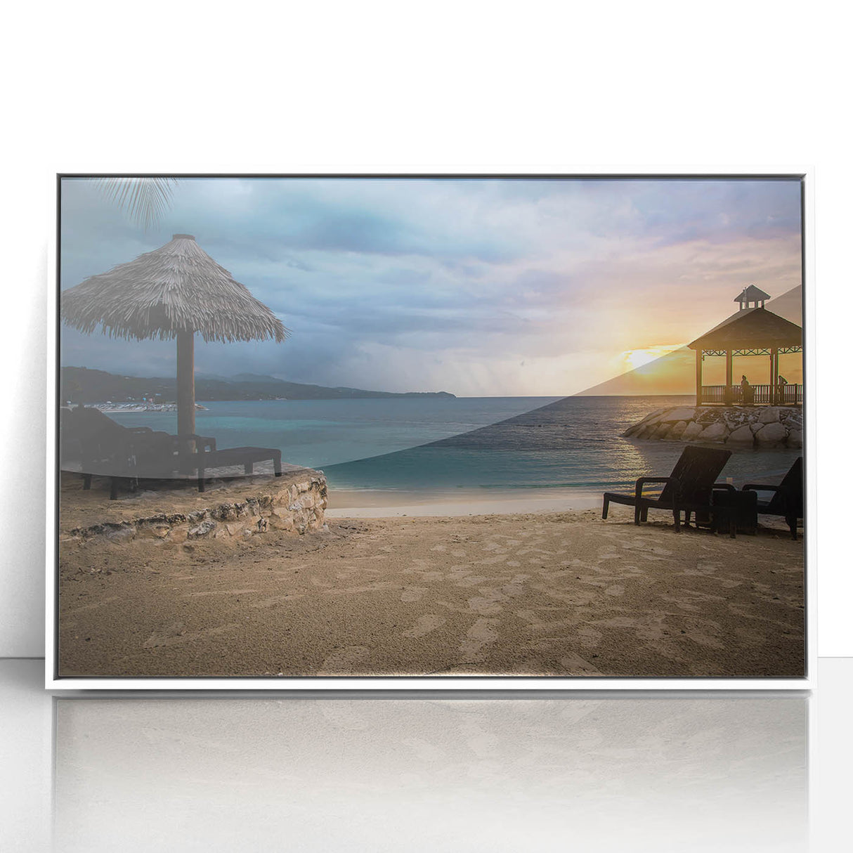 Mid-century modernist art depicting a serene Caribbean landscape in pastel shades on a framed acrylic.