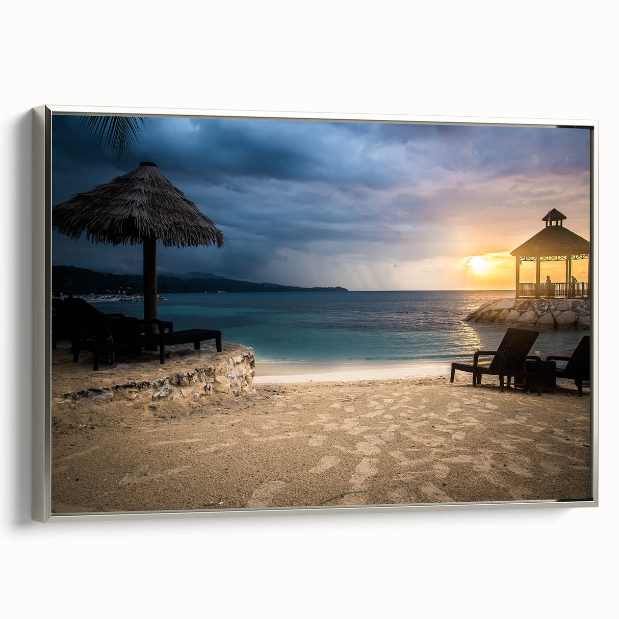 Framed canvas of a vintage Jamaican landscape painting in vibrant colors, ideal for living room decor.