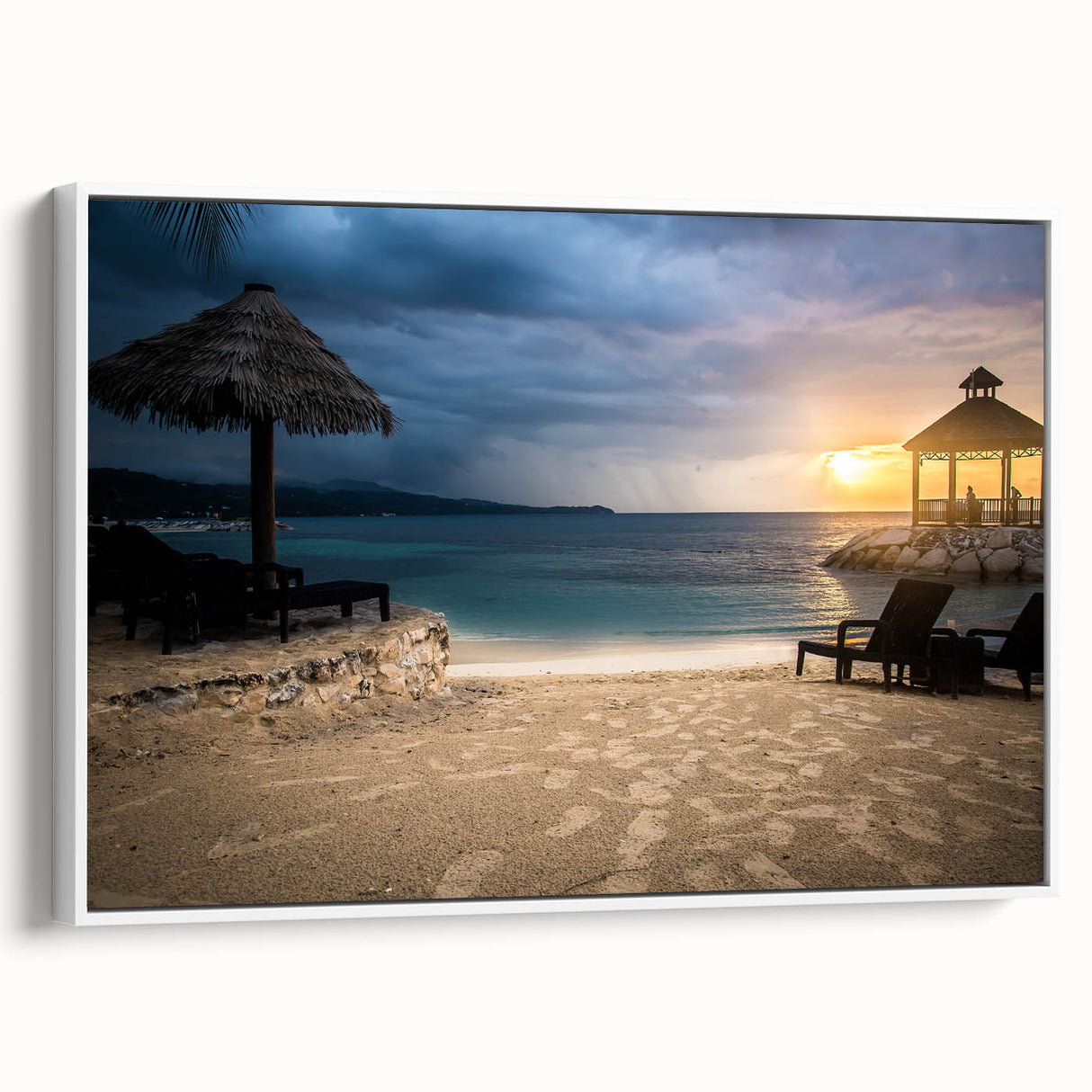 Vintage poster art of a Caribbean scene on a framed canvas, featuring vibrant colors and ideal for living room decor.