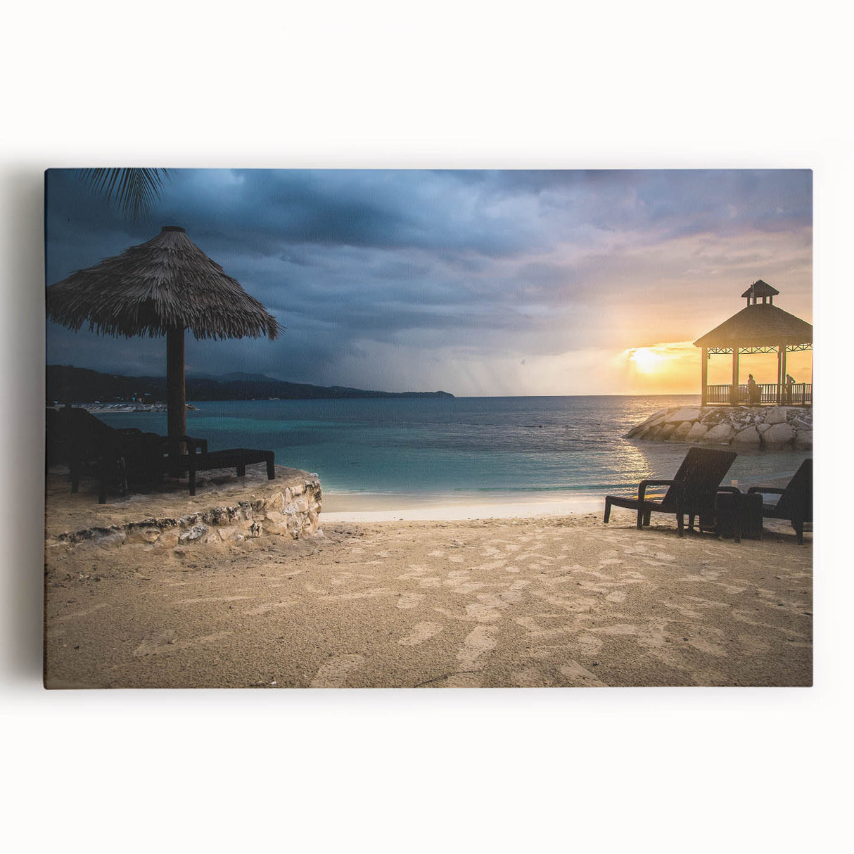 Black and white stretched canvas featuring a serene Jamaican landscape, ideal for kitchen wall art or bedroom ambiance.