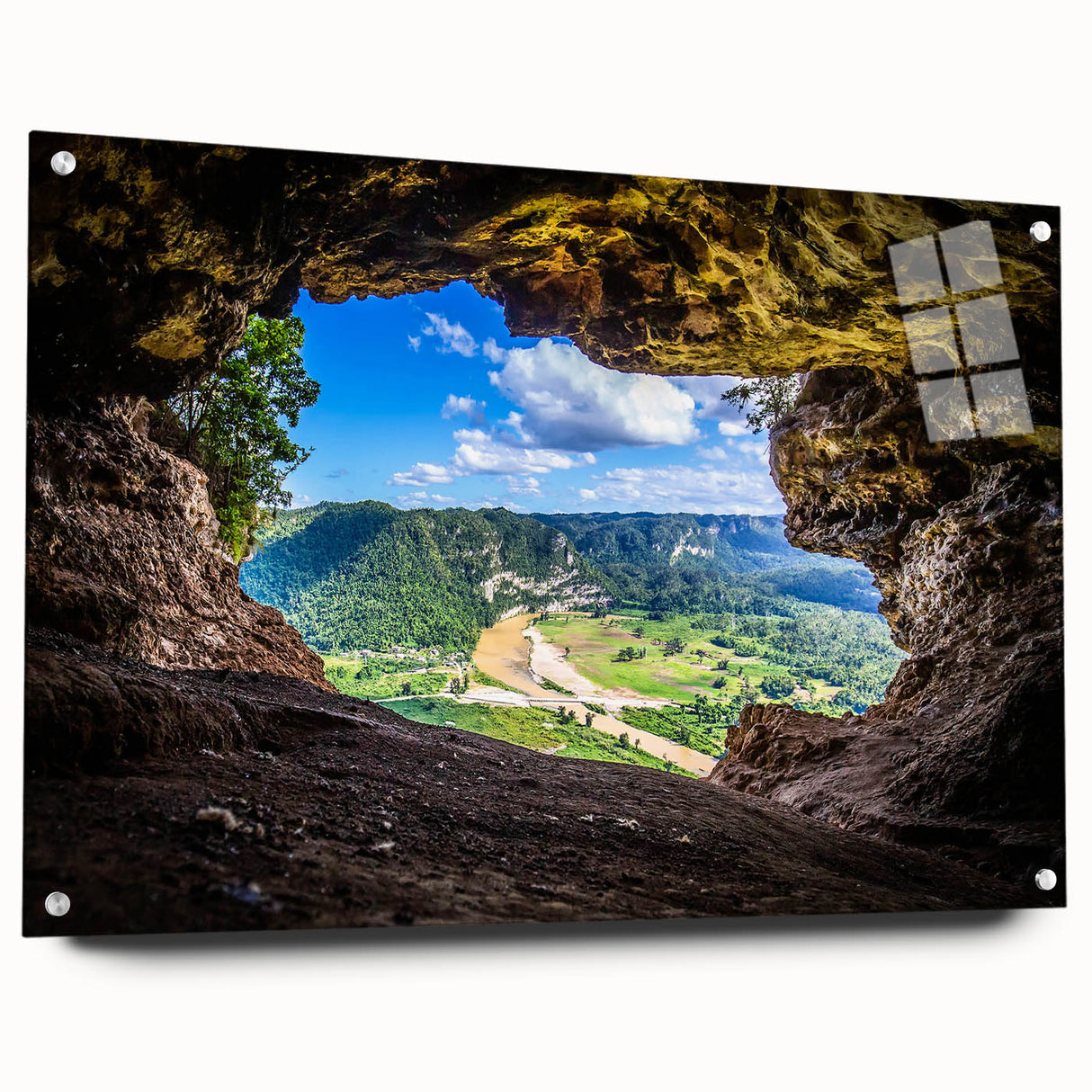 Acrylic print of a Caribbean Puerto Rico scenery in vibrant blue and green hues, ideal for dining room decor.
