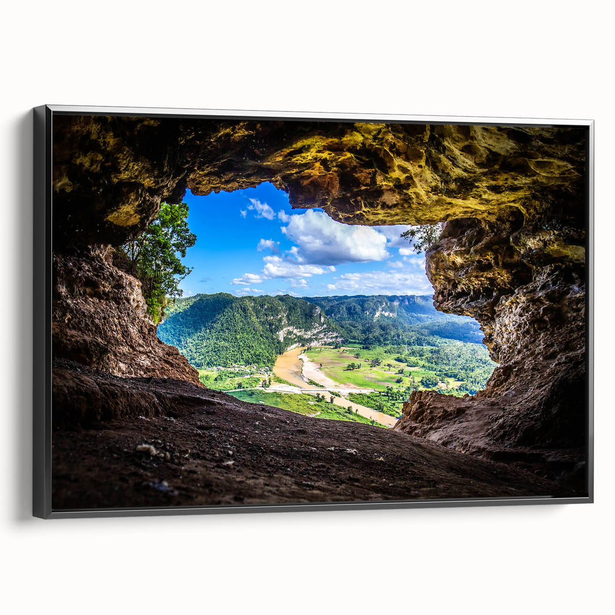 Black and white framed canvas depicting a vintage Puerto Rican landscape, suitable for bedroom decor.