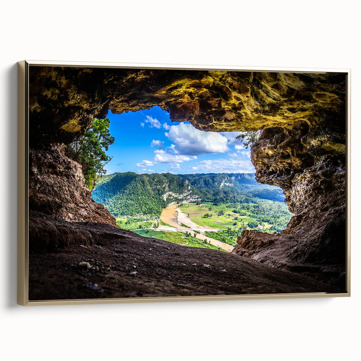 Framed canvas depicting a vintage-style Puerto Rican landscape in muted gold and black tones, ideal for bedroom wall art.