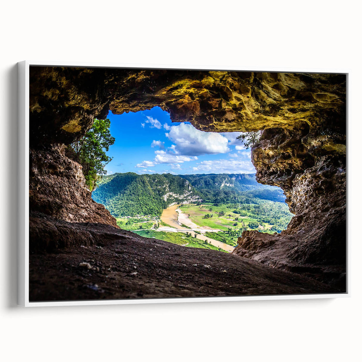 Vintage poster art of a colorful Caribbean scene on a large framed canvas, ideal for living room decor.