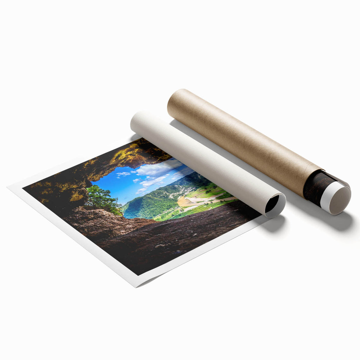 Extra large rolled print of a serene Caribbean scene with vibrant green foliage and calm blue waters.