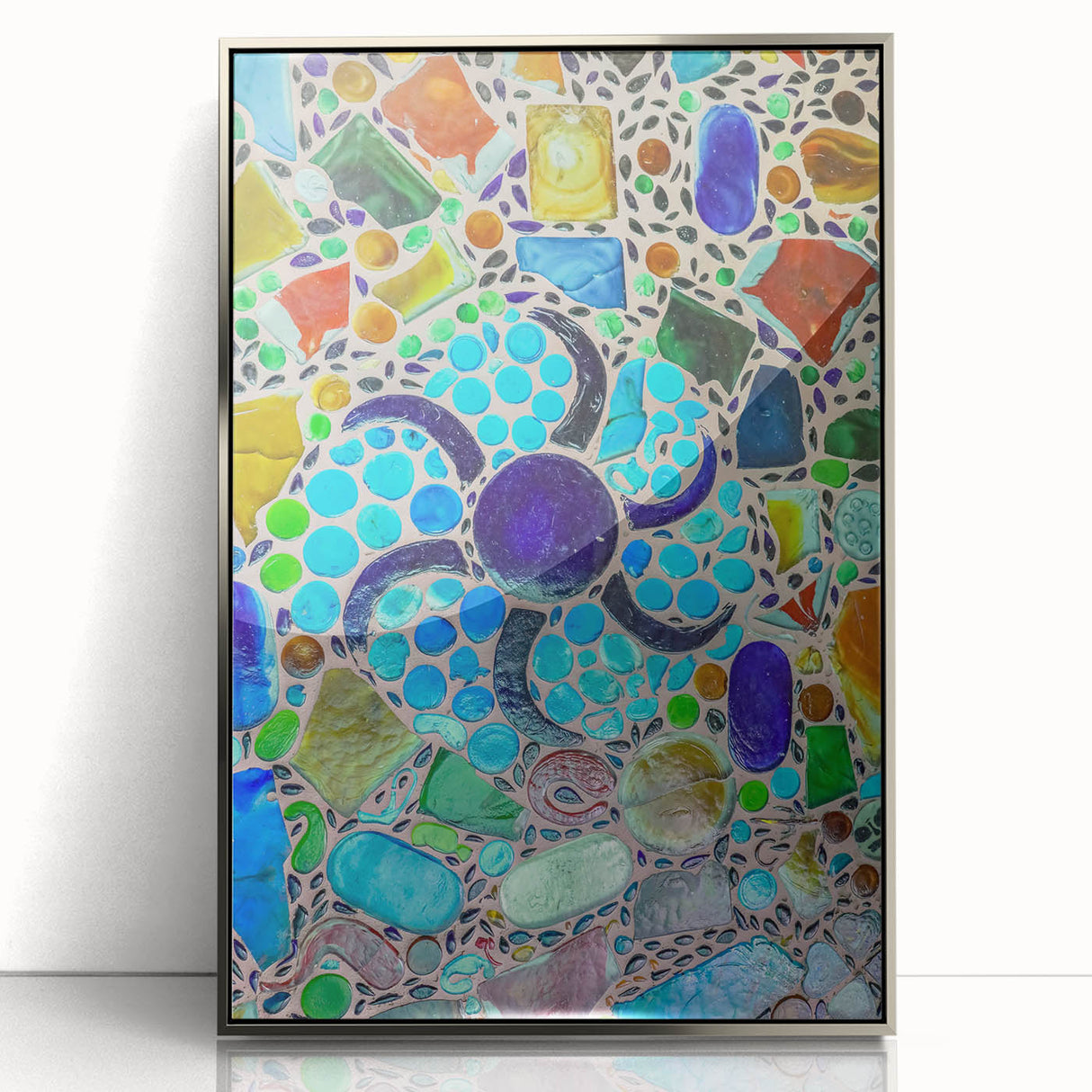 Mid-century modernist art of Cabo San Lucas scenery in pastel shades on a silver-framed acrylic print.