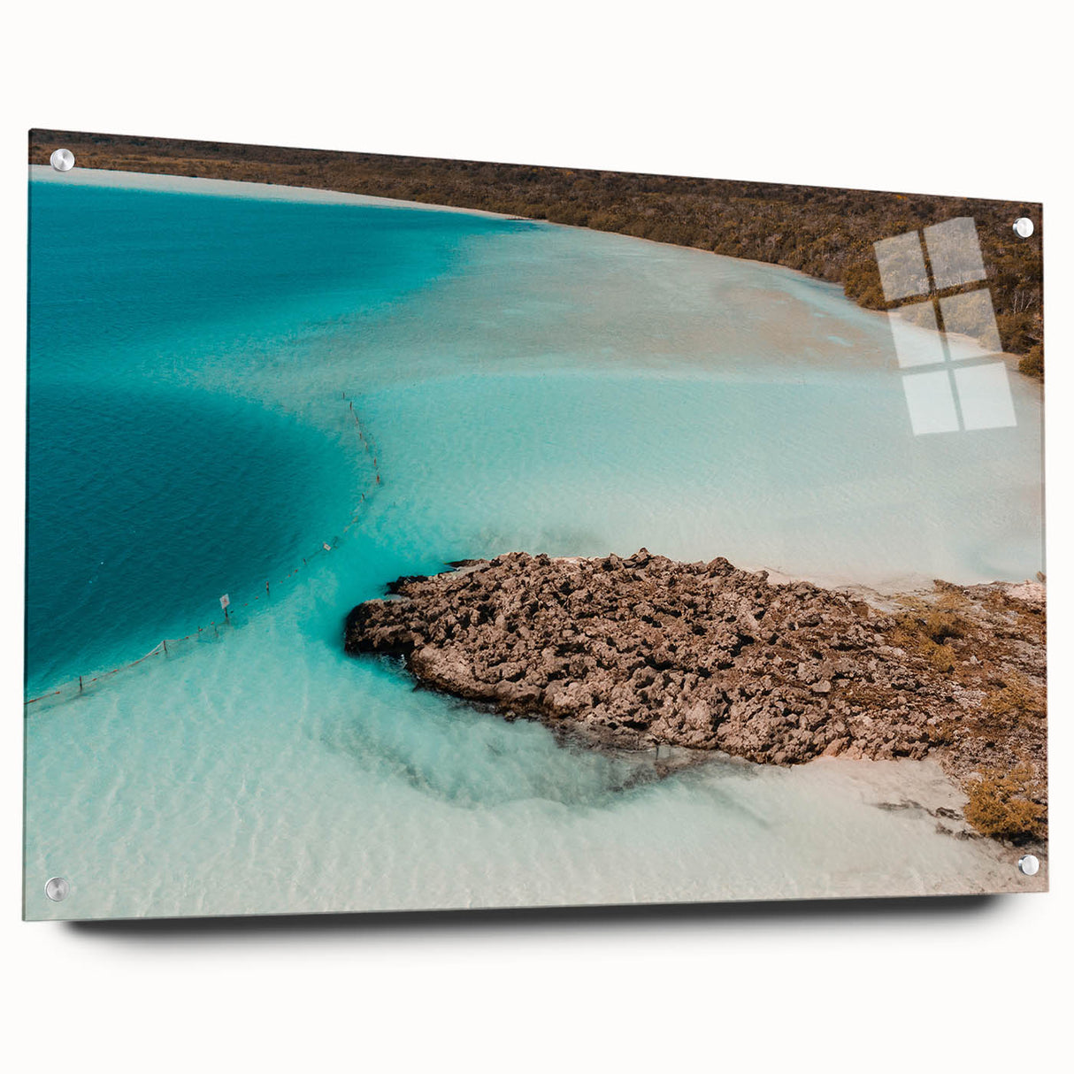 Acrylic print of a large abstract depiction of Quintana Roo scenery in blue and green tones.