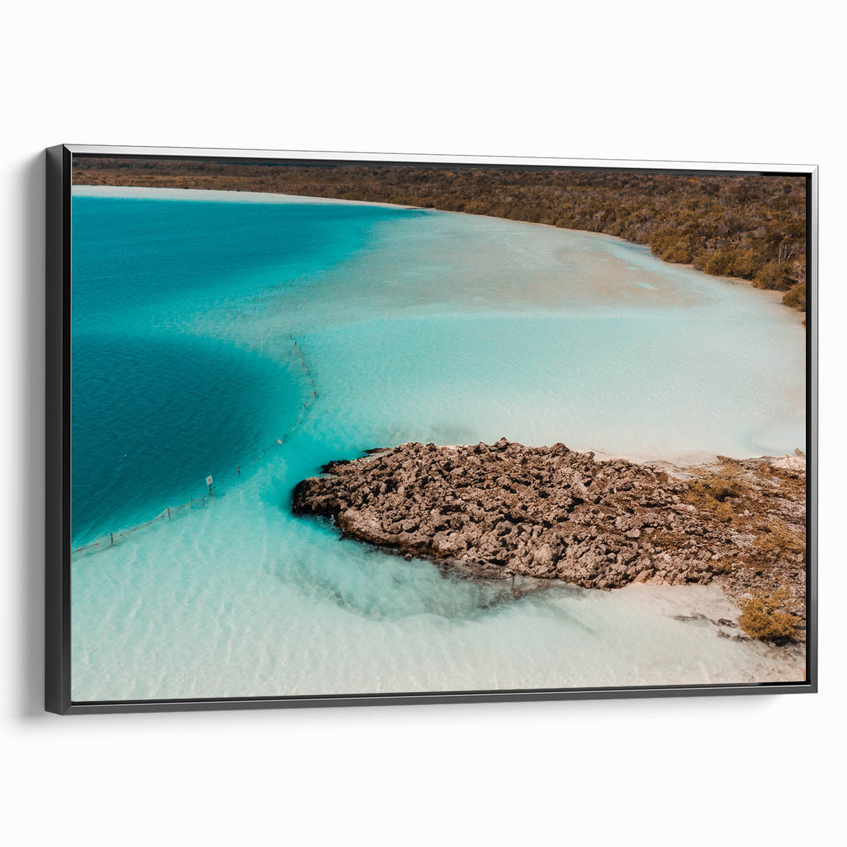 Black and white framed canvas featuring a vintage-style landscape of Quintana Roo, ideal for bedroom wall decor.