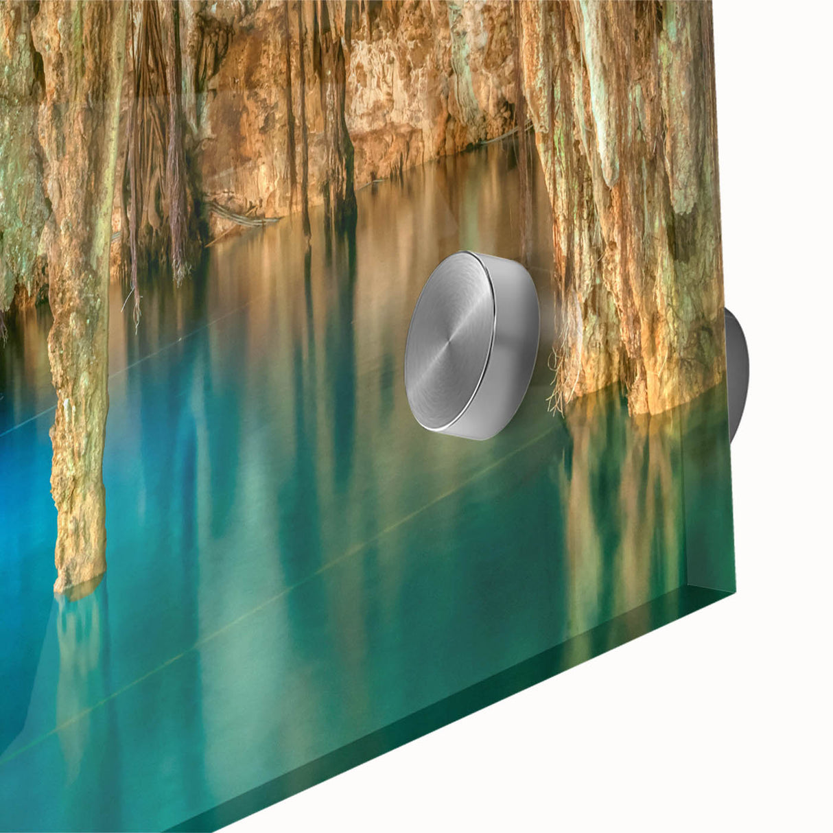 Large abstract depiction of Yucatan scenery on acrylic glass, featuring earthy and green tones.