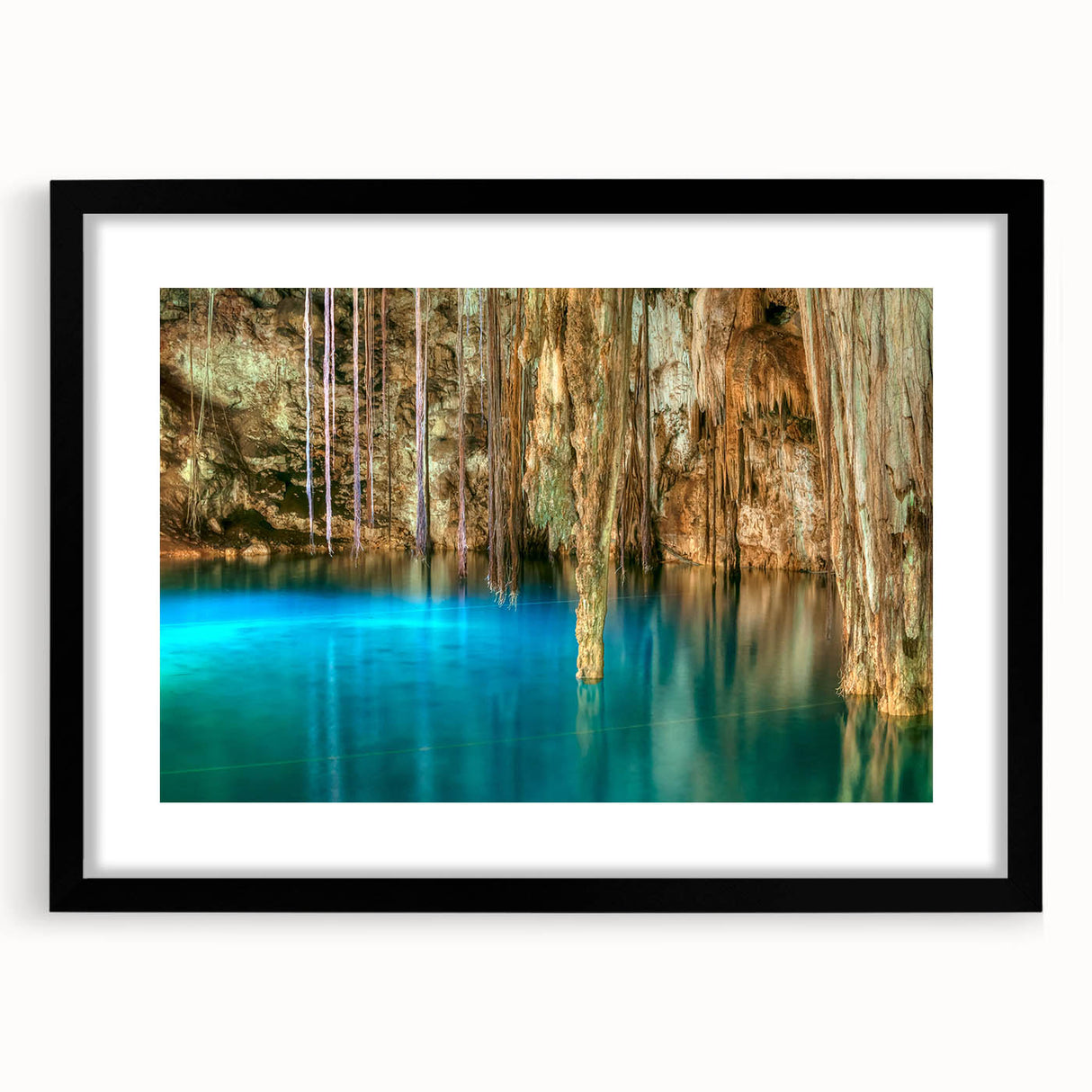 Extra large abstract art print of colorful Yucatan scenery on textured canvas, framed in black.