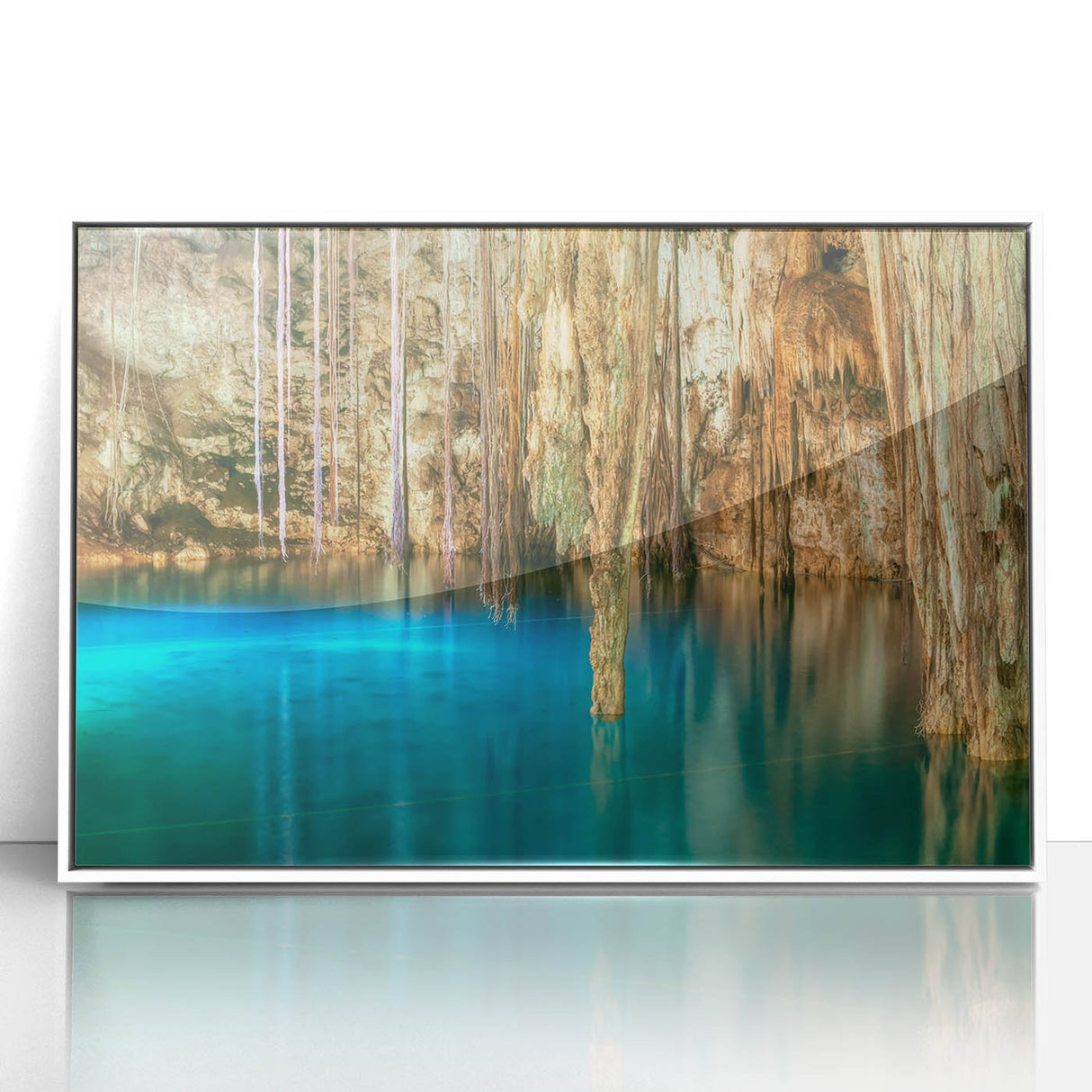 Art deco poster featuring a serene Yucatan landscape in muted pastel shades, framed in white acrylic.