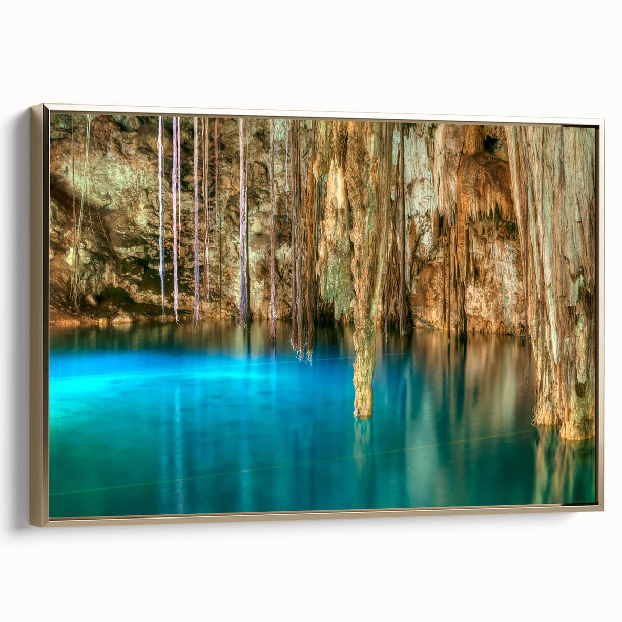 Framed canvas depicting a vintage-style landscape of Yucatán, Mexico in muted earth tones, ideal for bedroom wall art.