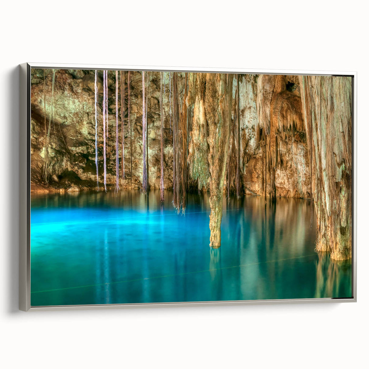 Landscape art painting of Yucatan, Mexico on framed canvas, featuring vibrant colors on a black background.