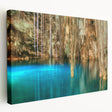Large stretched canvas depicting a serene Yucatan landscape in soft green and blue hues, ideal for kitchen wall art.