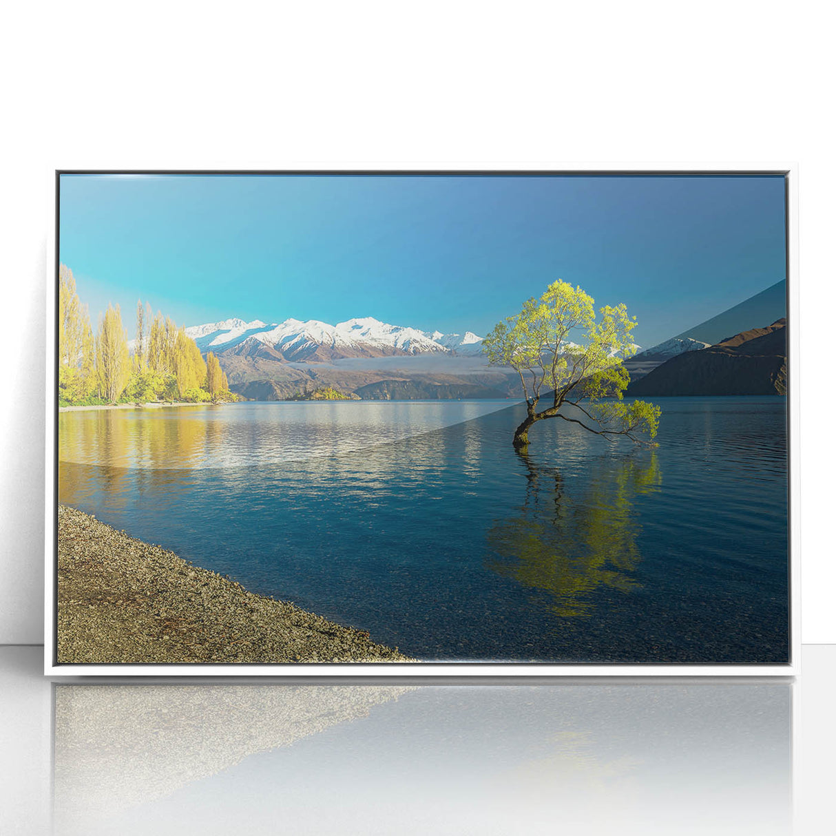 Art deco poster of Otago, New Zealand scenery on white framed acrylic, ideal for nursery wall art.