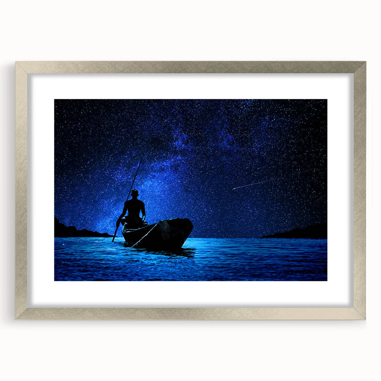 Abstract art print depicting a stylized African Mali scenery in silver frame, ideal for dining room decor.