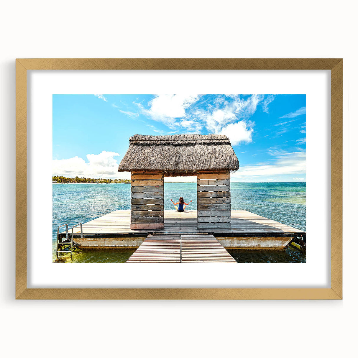 Textured abstract art print depicting a serene Mauritius landscape in muted earth tones, framed in gold.