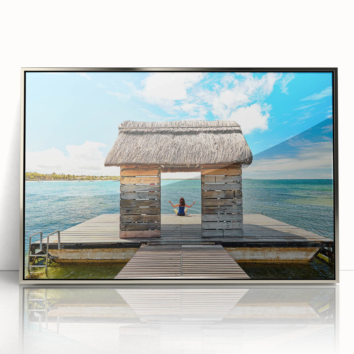 Framed acrylic print of a serene Mauritius landscape in soft blue and green hues, suitable for modern art wall decor.