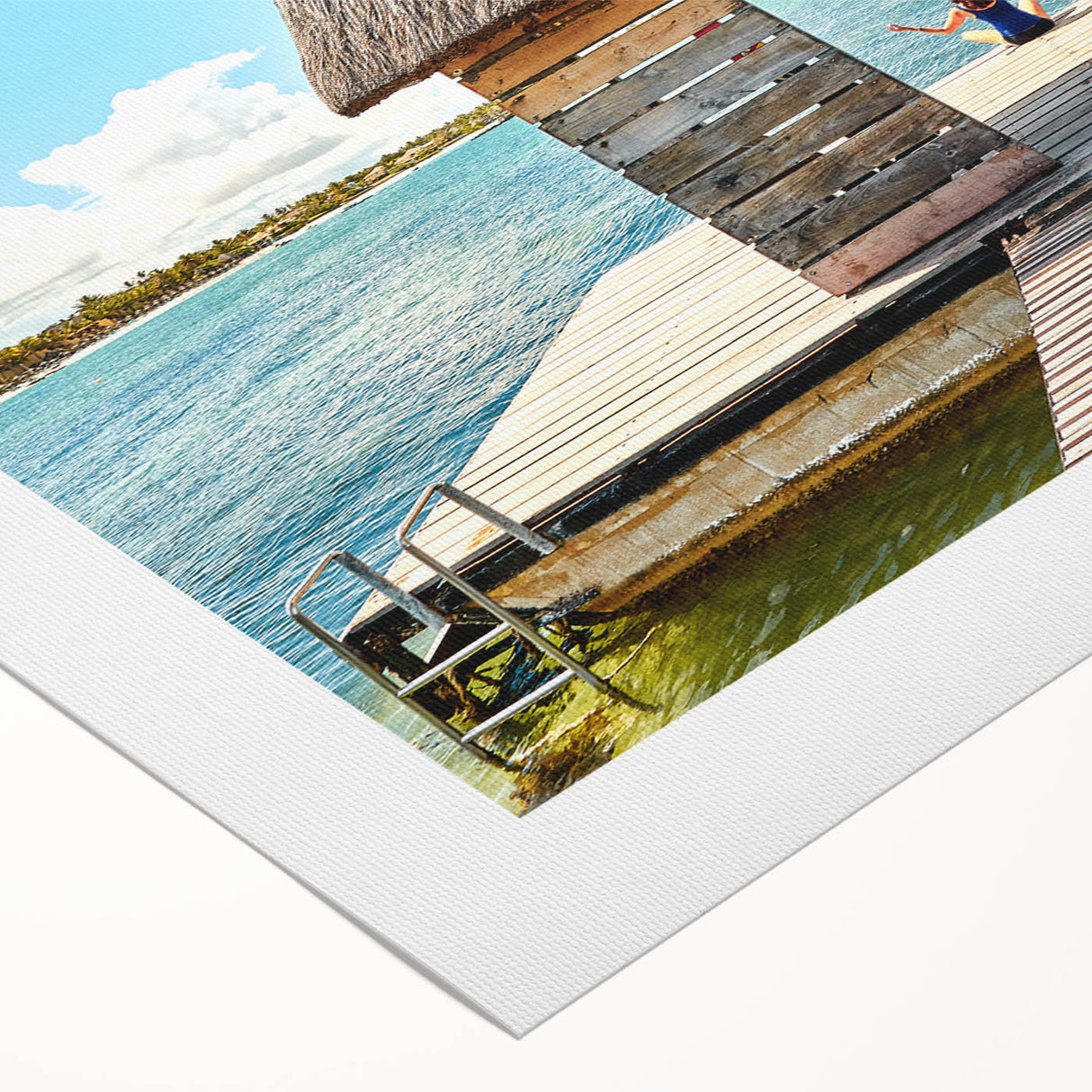 Art deco poster featuring a serene Mauritius landscape in muted blues and greens on rolled canvas.