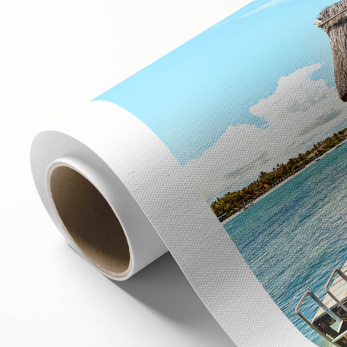 Art Deco style poster featuring a serene Mauritian landscape on rolled canvas.