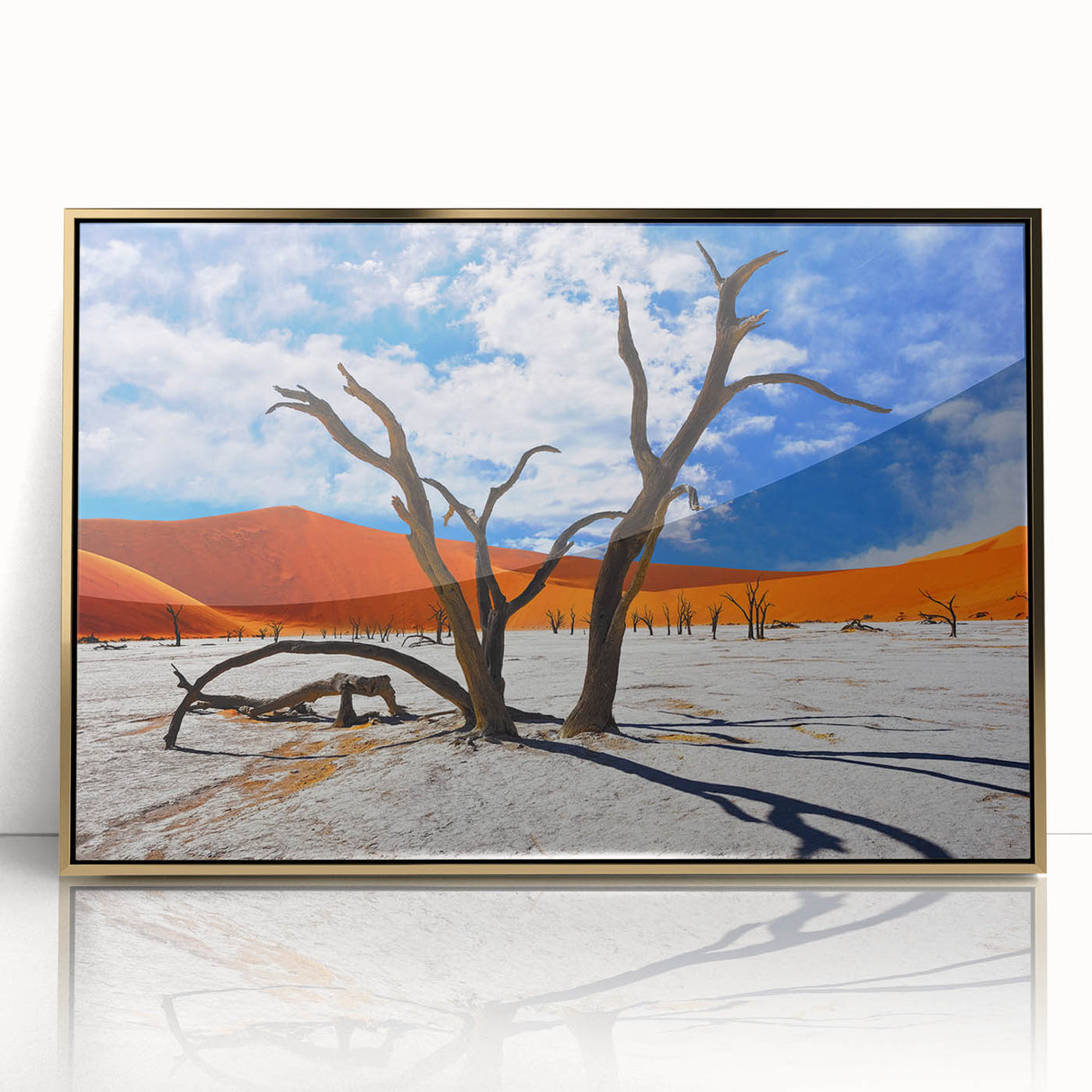 Mid-century modernist art depicting the Namibian landscape on a framed acrylic print, featuring earthy tones.