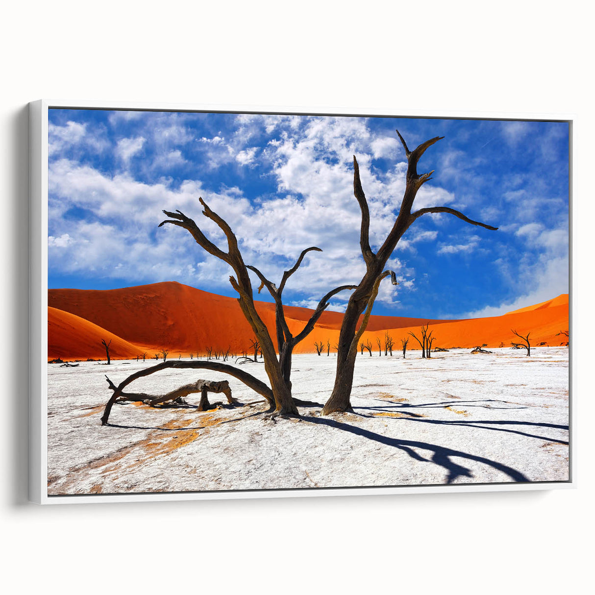 Framed canvas featuring a vintage poster art style landscape of Namibia, with muted earth tones, ideal for bedroom wall art.