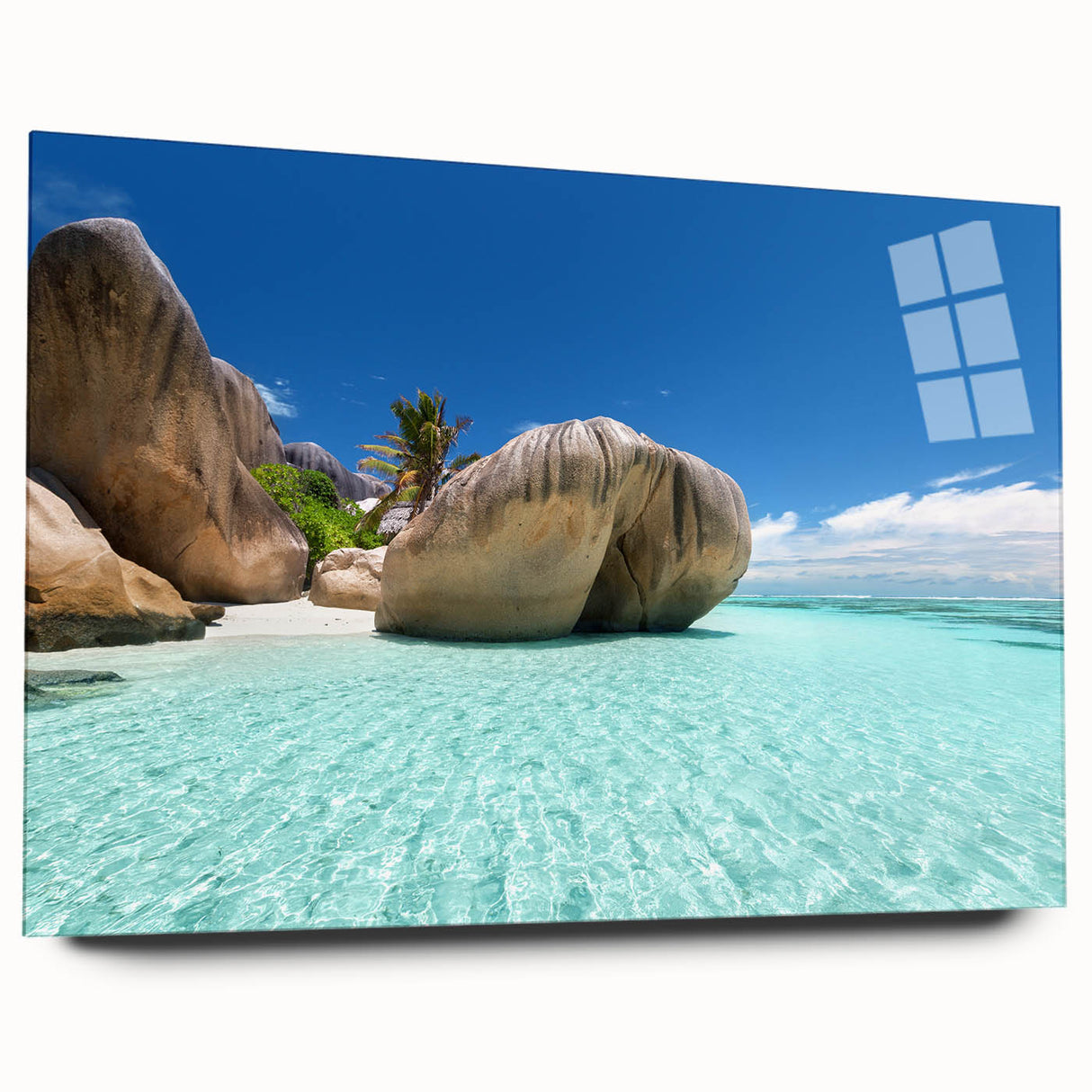 Large abstract wall art of Seychelles scenery on acrylic glass, featuring vivid oceanic blues and greens.