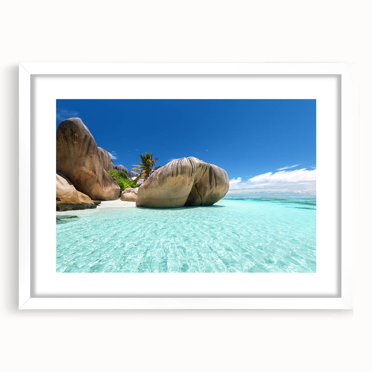 Textured art of an abstract Seychelles landscape in muted earth tones, framed with a white mat, ideal for bedroom art.