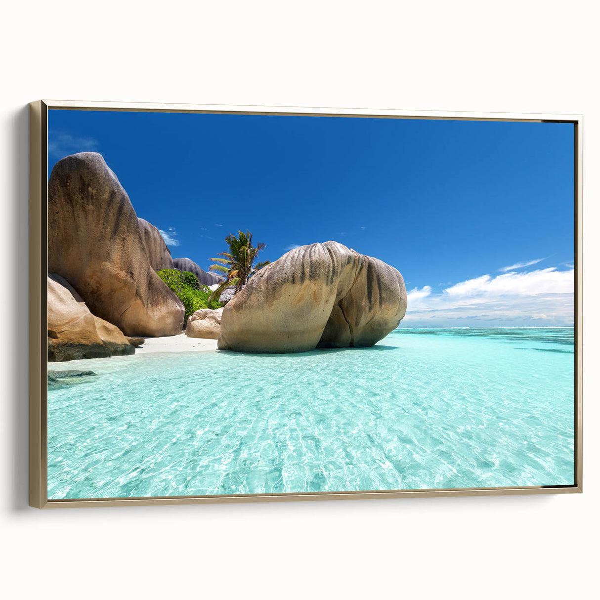 Framed canvas featuring a vintage-style landscape painting of Seychelles with muted gold and black tones.