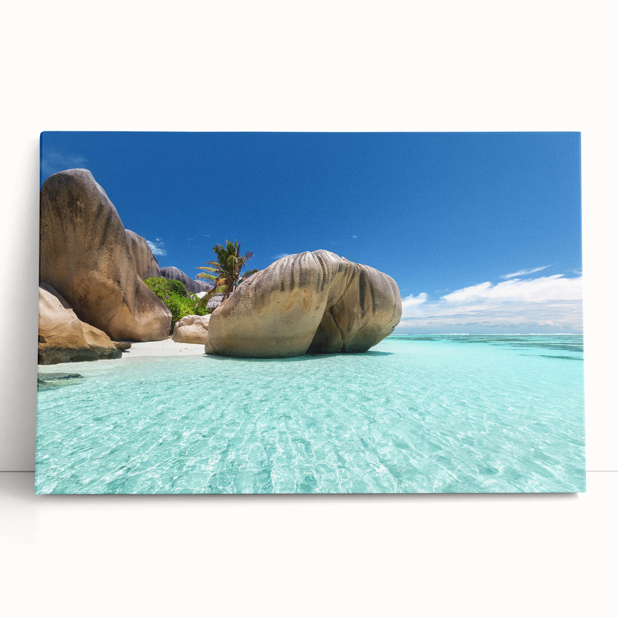 Black and white photograph of Seychelles scenery on large stretched canvas, suitable for kitchen art.