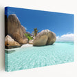 Scenic Seychelles landscape on large stretched canvas, featuring vibrant blue and green tones, ideal for kitchen wall art.