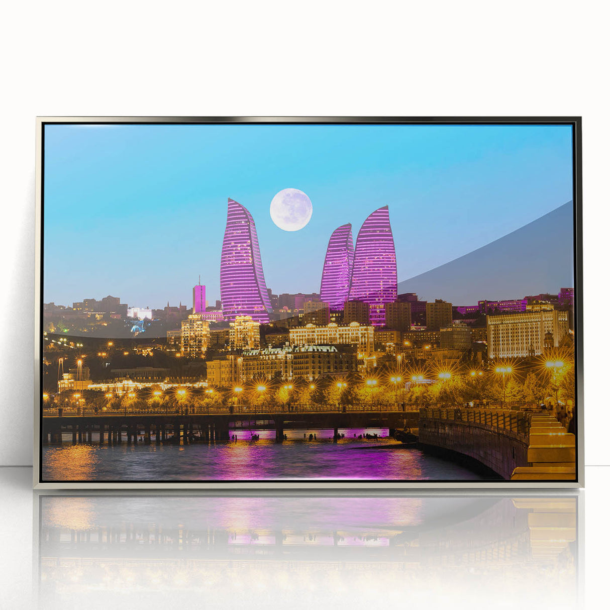 Mid-century modernist art depicting a serene Azerbaijani landscape in cool blue and green tones, framed in silver acrylic.