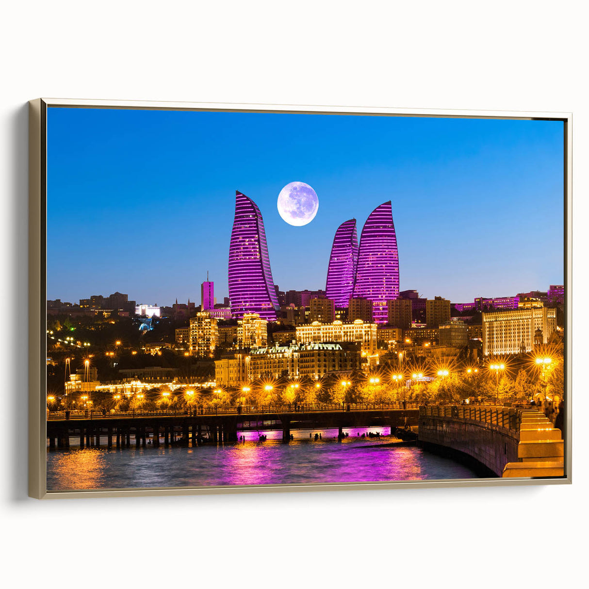 Framed canvas wall art featuring a vintage-style landscape of Azerbaijan with black and gold tones, ideal for bedroom decor.