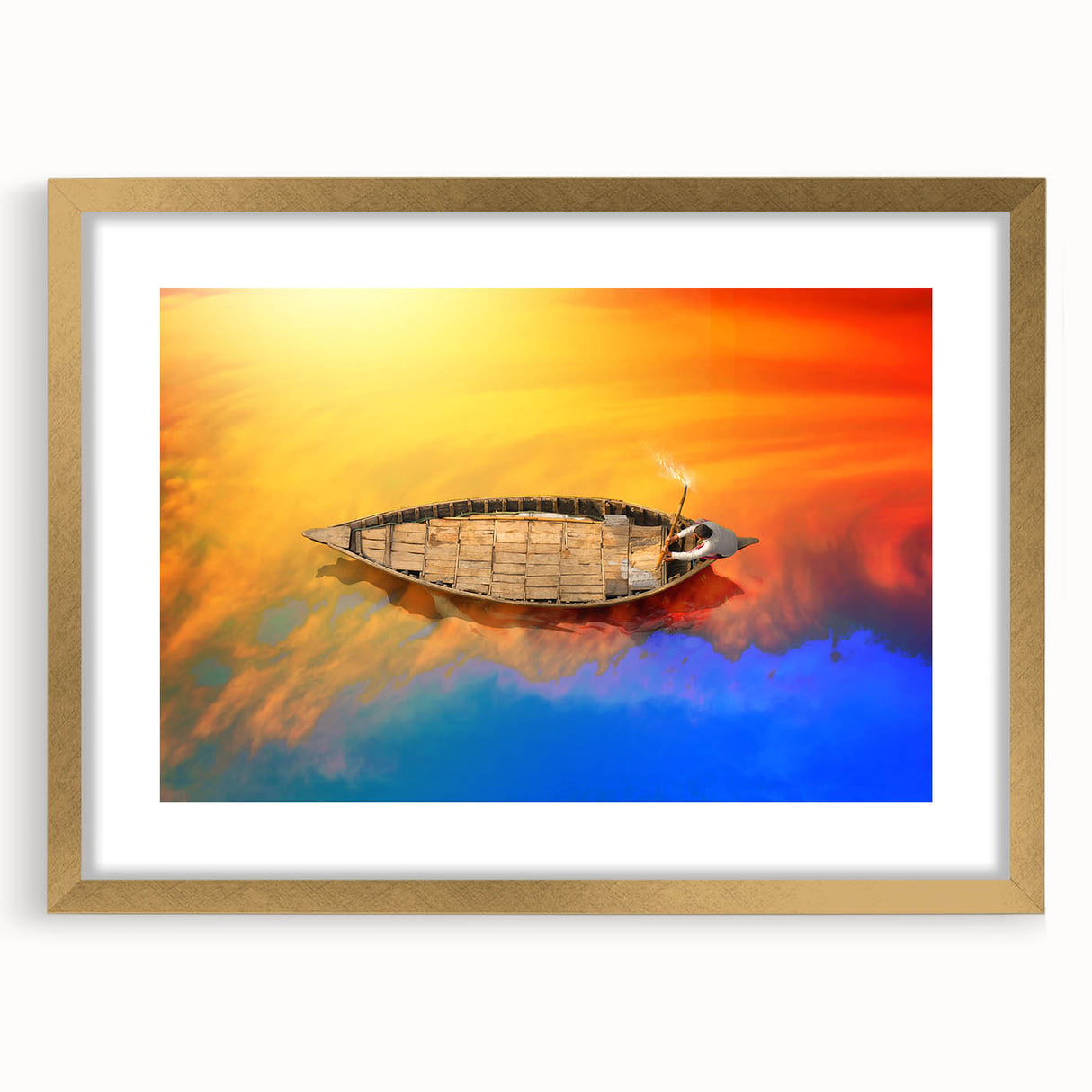 Abstract art print depicting a serene Bangladesh landscape in soft green and blue tones, framed in gold.