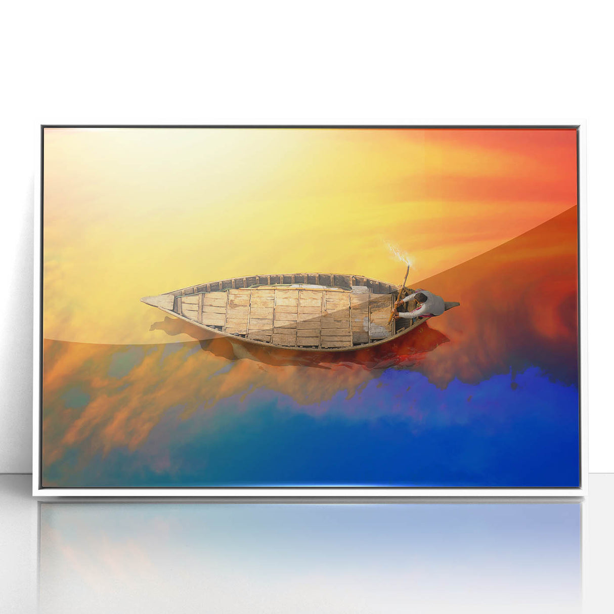 Art Deco poster featuring a serene Bangladesh landscape in muted green and blue tones, acrylic print framed in white.