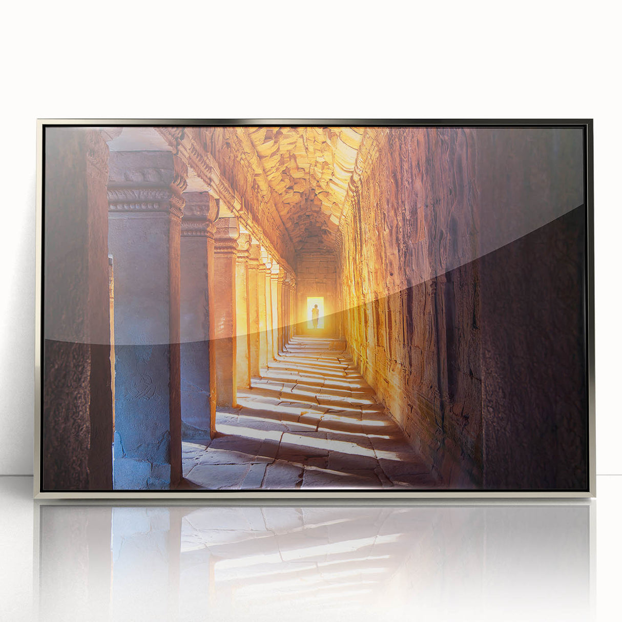 Mid-century modernist art depicting a serene Cambodian landscape in muted earth tones, framed in silver acrylic.