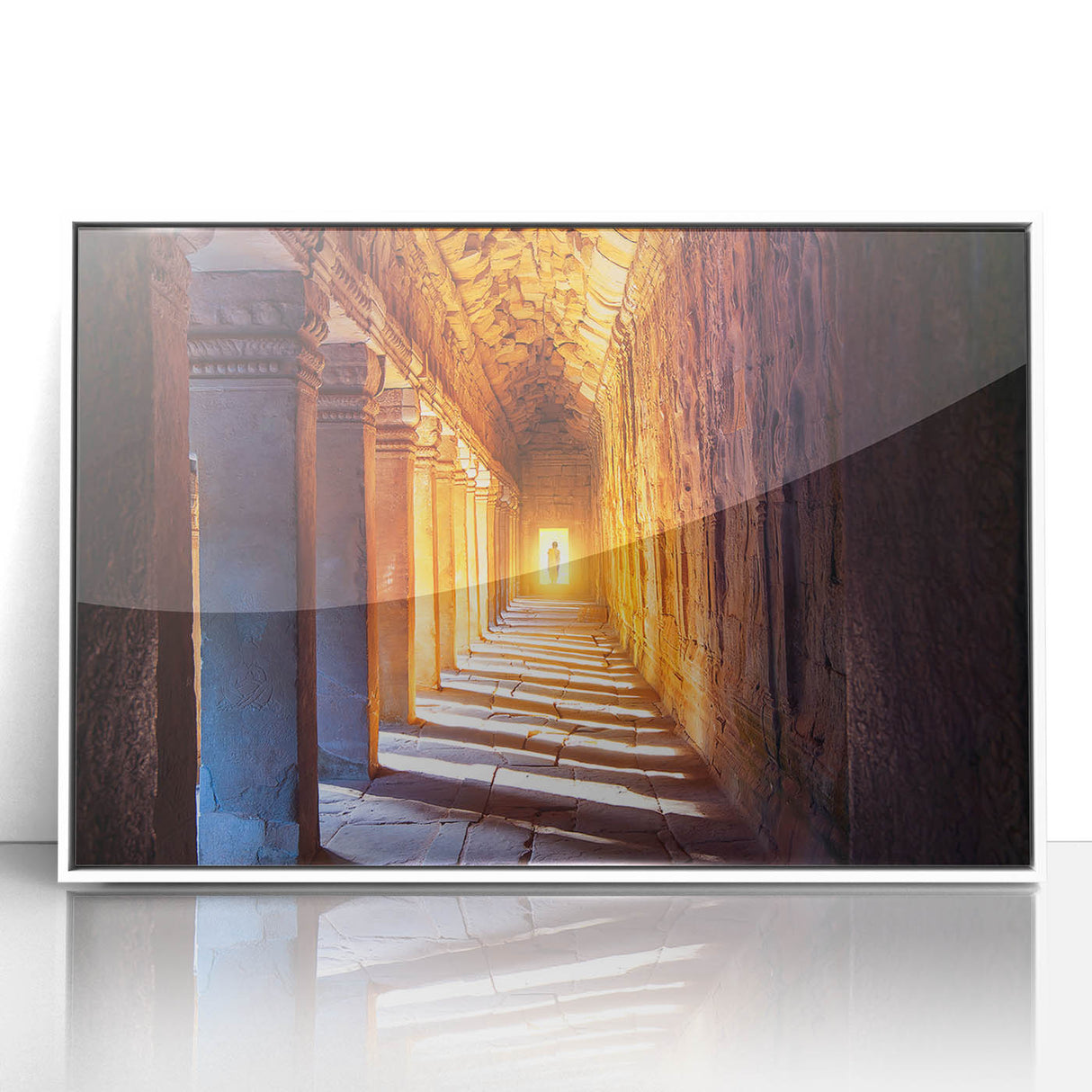 Acrylic print of a Cambodian landscape in muted earth tones, framed in white, suitable for modern art wall decor.