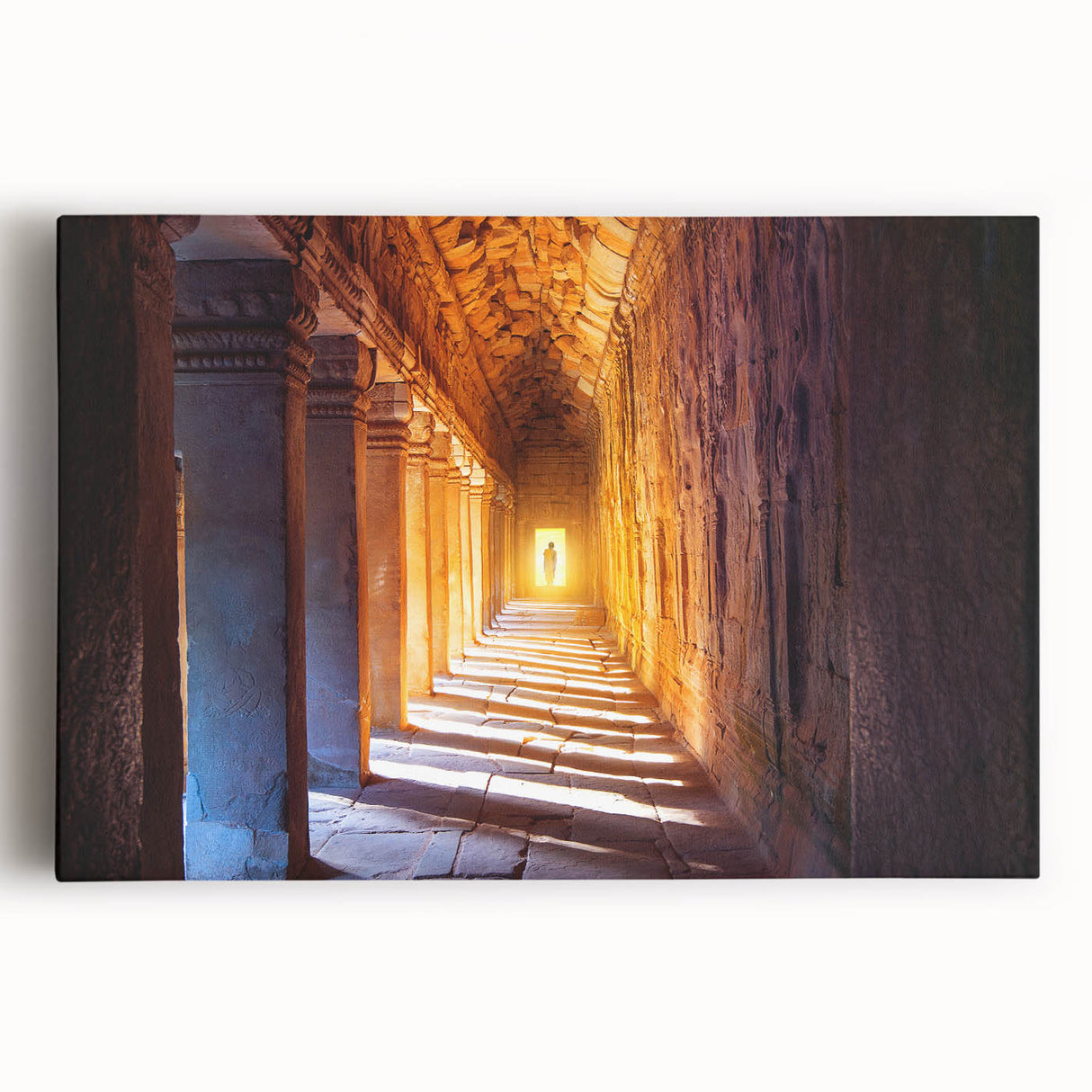 Black and white photograph on stretched canvas depicting the Angkor Wat temple, ideal for kitchen wall art.