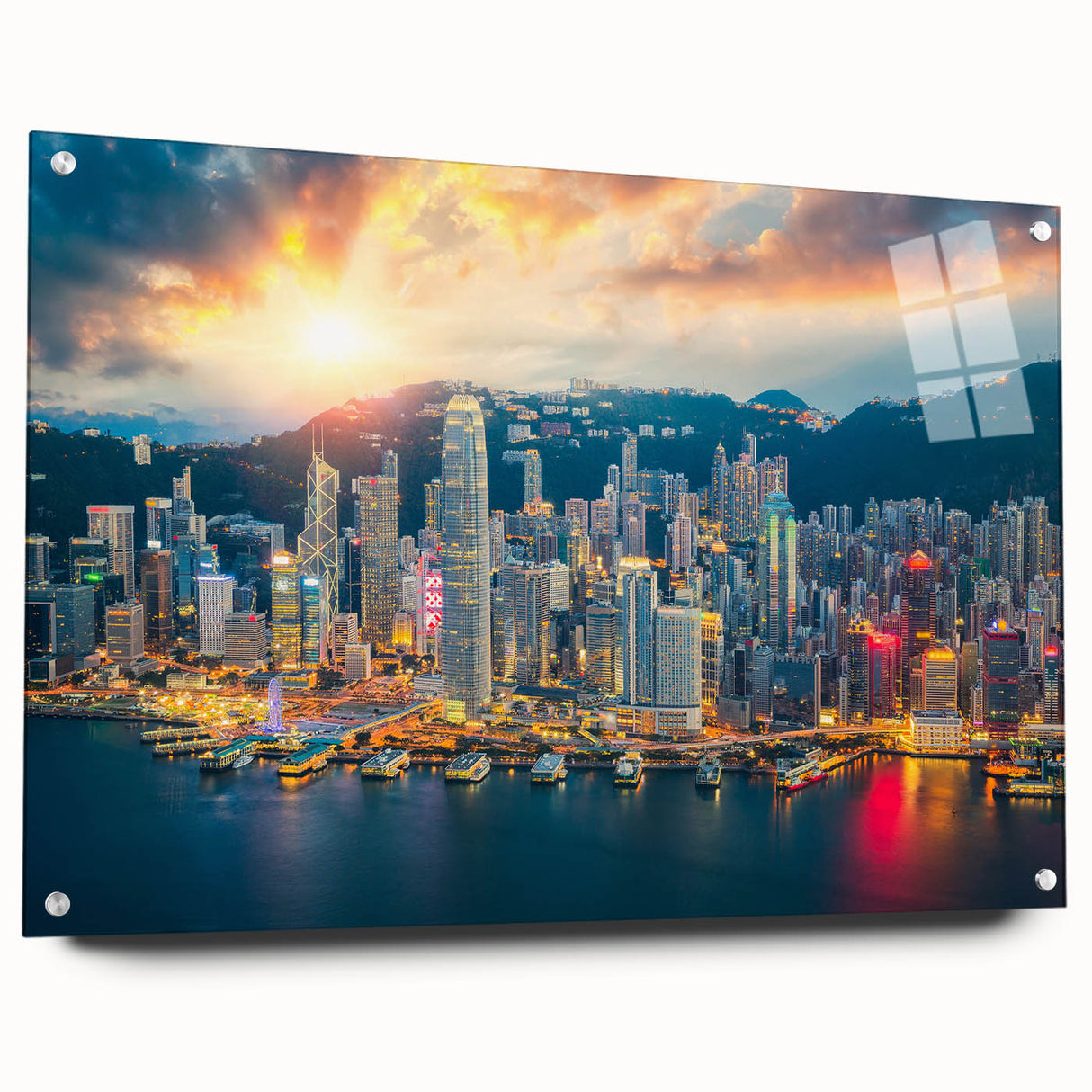 Acrylic print of Hong Kong skyline in muted gray tones, ideal for modern dining room decor.
