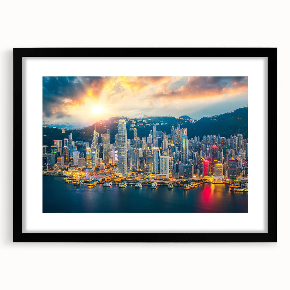 Colorful abstract art print of Hong Kong skyline in vibrant hues on a large framed canvas, suitable for living room decor.