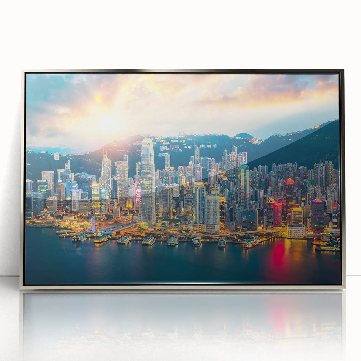 Mid-century modernist Hong Kong skyline in muted silver tones on a framed acrylic print, suitable for modern art wall decor.