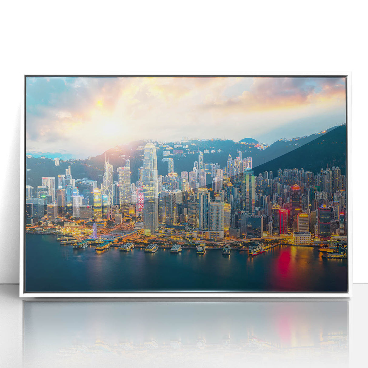 Framed acrylic print of Hong Kong skyline in art deco style with muted blue and gray tones.