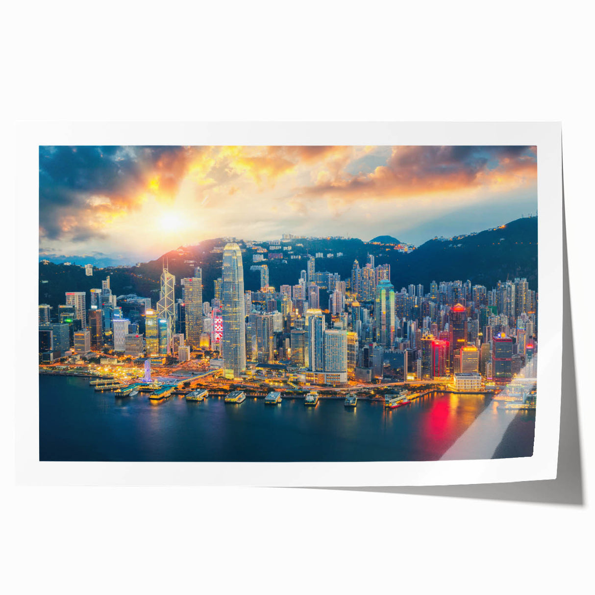 Hong Kong skyline in muted colors on a large rolled canvas, suitable for dining room wall art.
