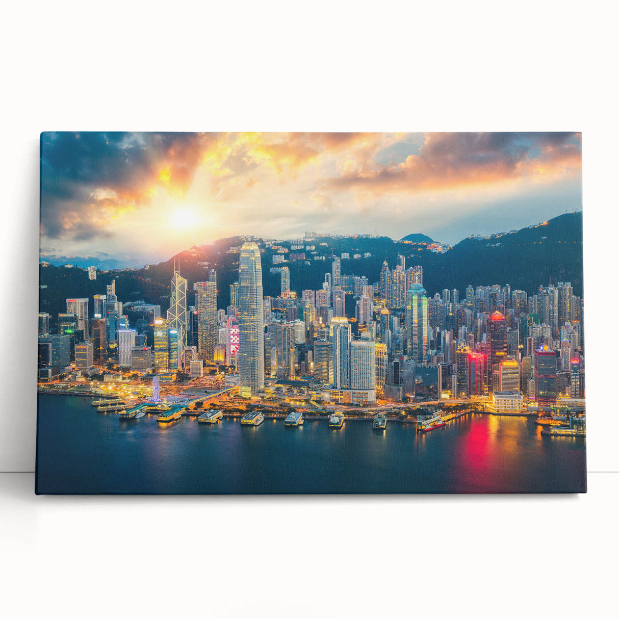 Black and white stretched canvas of Hong Kong skyline, ideal for kitchen wall art or bedroom ambiance.