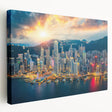 Hong Kong skyline in muted blue and gray tones on a large stretched canvas, suitable for kitchen wall art.